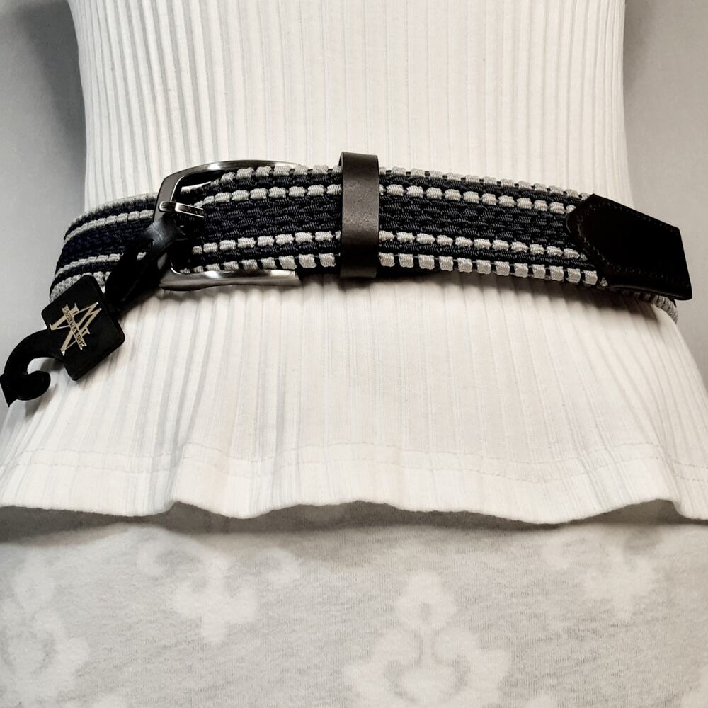 💎Mens Warehouse Navy And Gray Bungee Cord Belt Small Waist Black Leather Ends